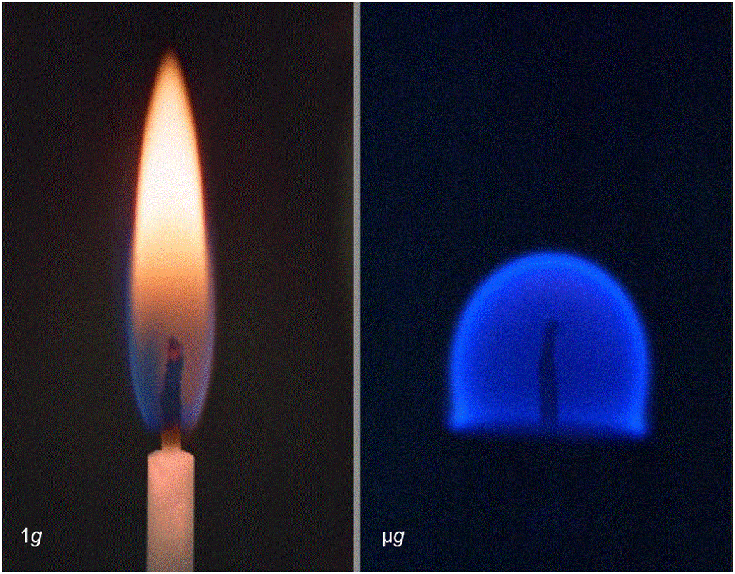 Side-by-side burning candle flames: yellow teardrop at normal gravity and a blue rounded flame in microgravity