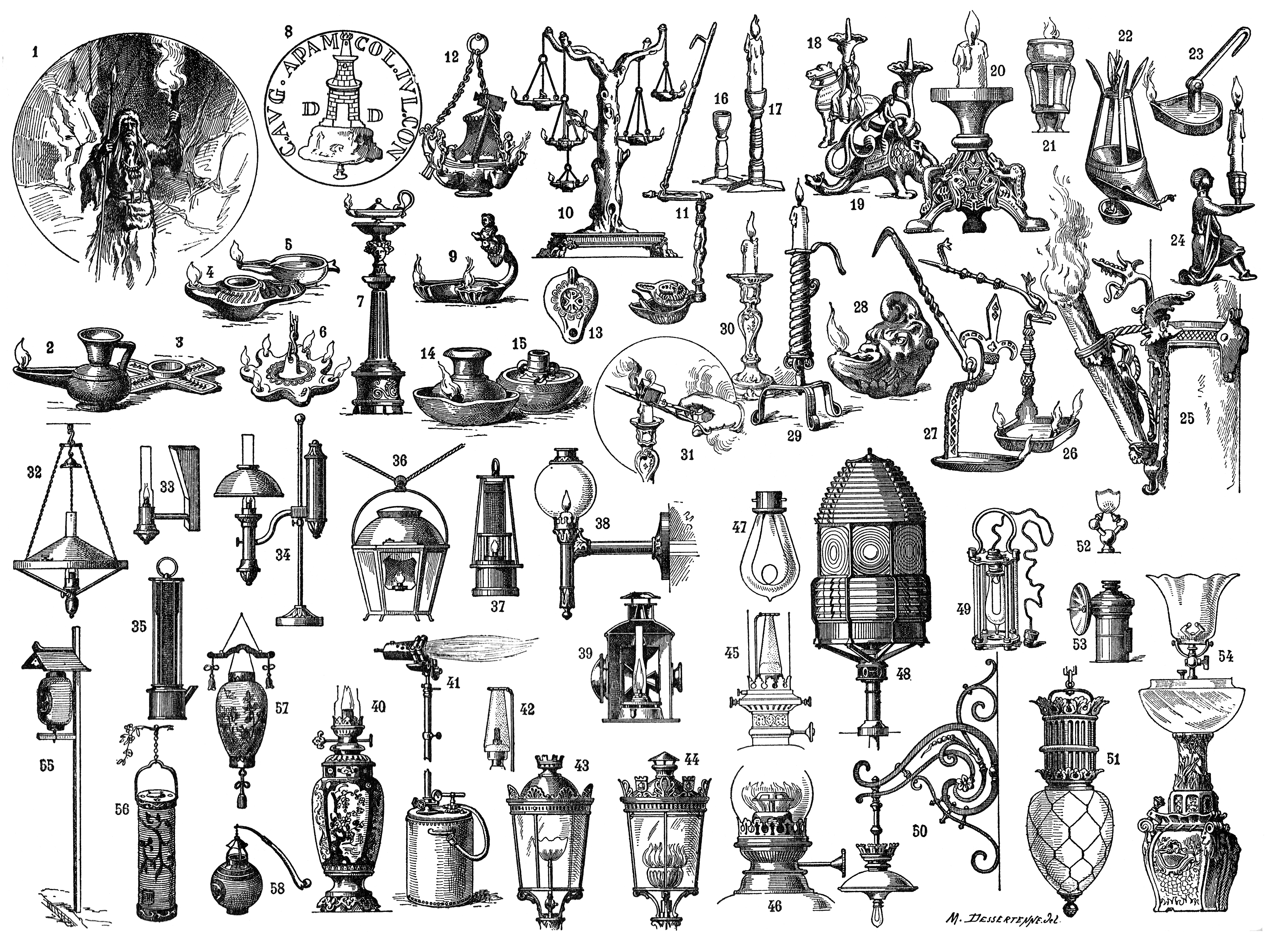 Historical engraved plate showing many forms of lamps, lanterns and lighting apparatus; an illustration, not photographs of the objects.