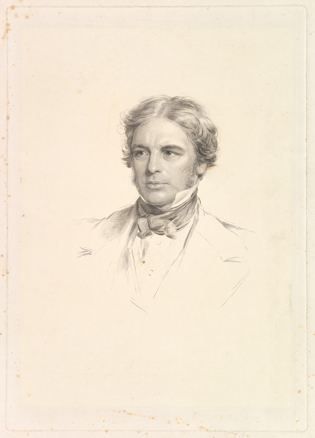 Stipple engraving of Michael Faraday; a historical portrait, not a photograph of an experiment.
