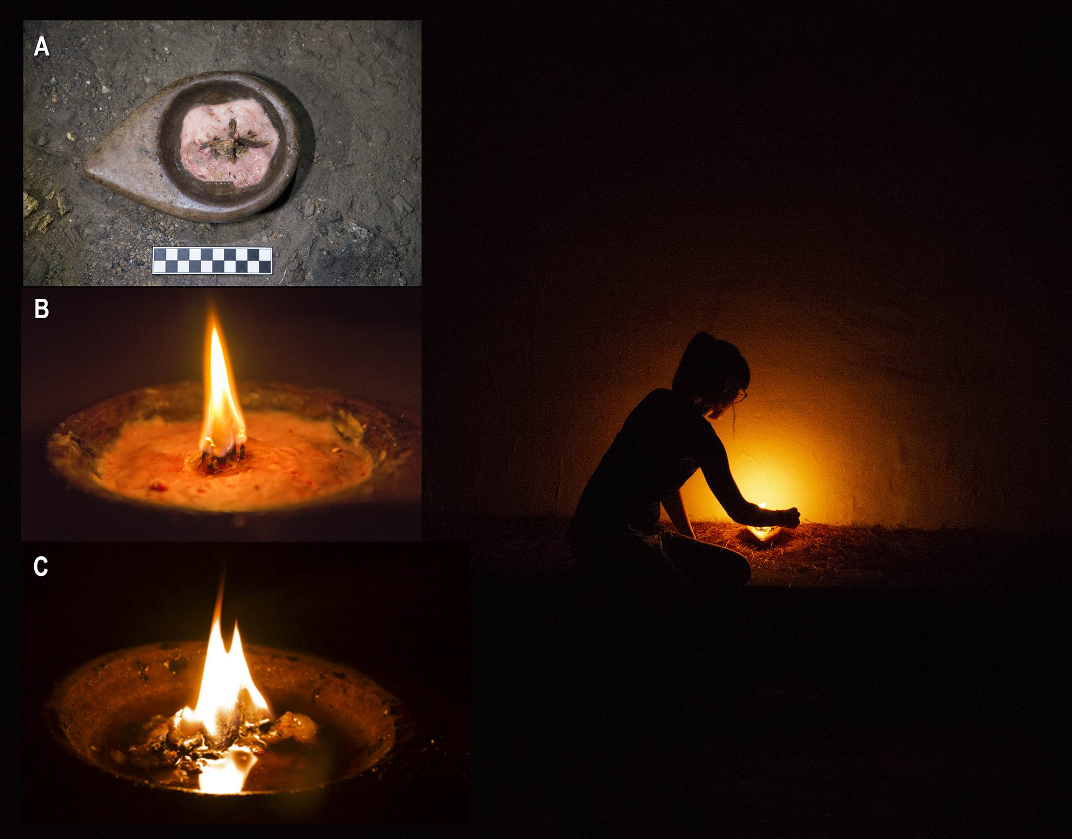 Animal-fat stone lamp in a modern experimental archaeology study, before ignition and after 1 and 43 minutes. This 2021 reconstruction tests prehistoric lighting rather than documenting an ancient scene.