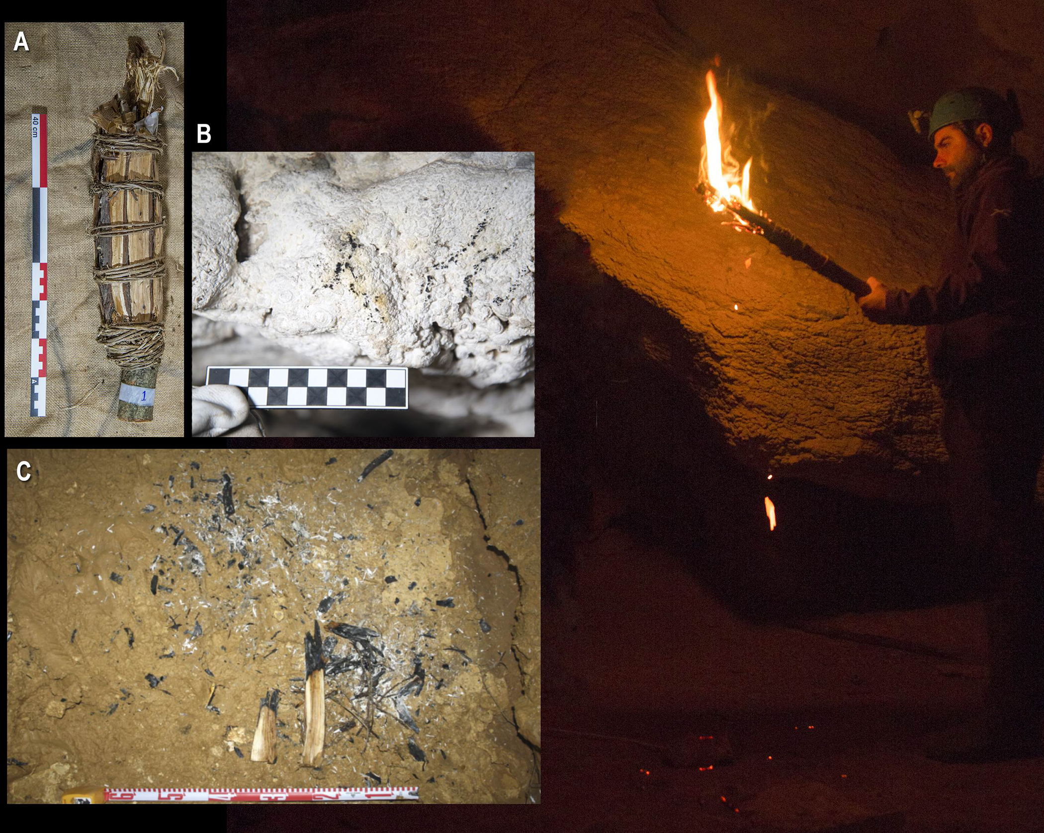 Modern experimental reconstruction of prehistoric lighting in a cave